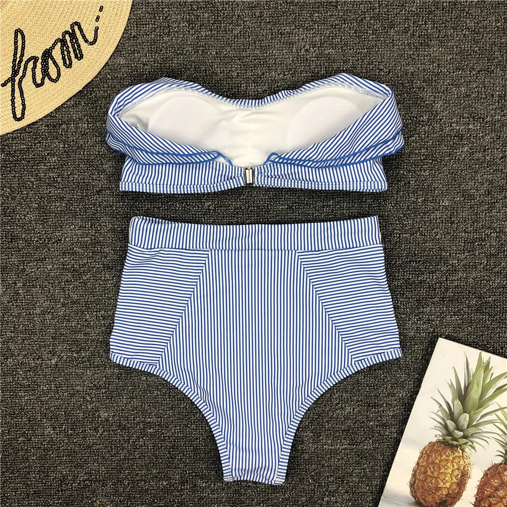 Bikini De Cintura Alta Rayas Irregulares Playa Mujer Dos Piezas