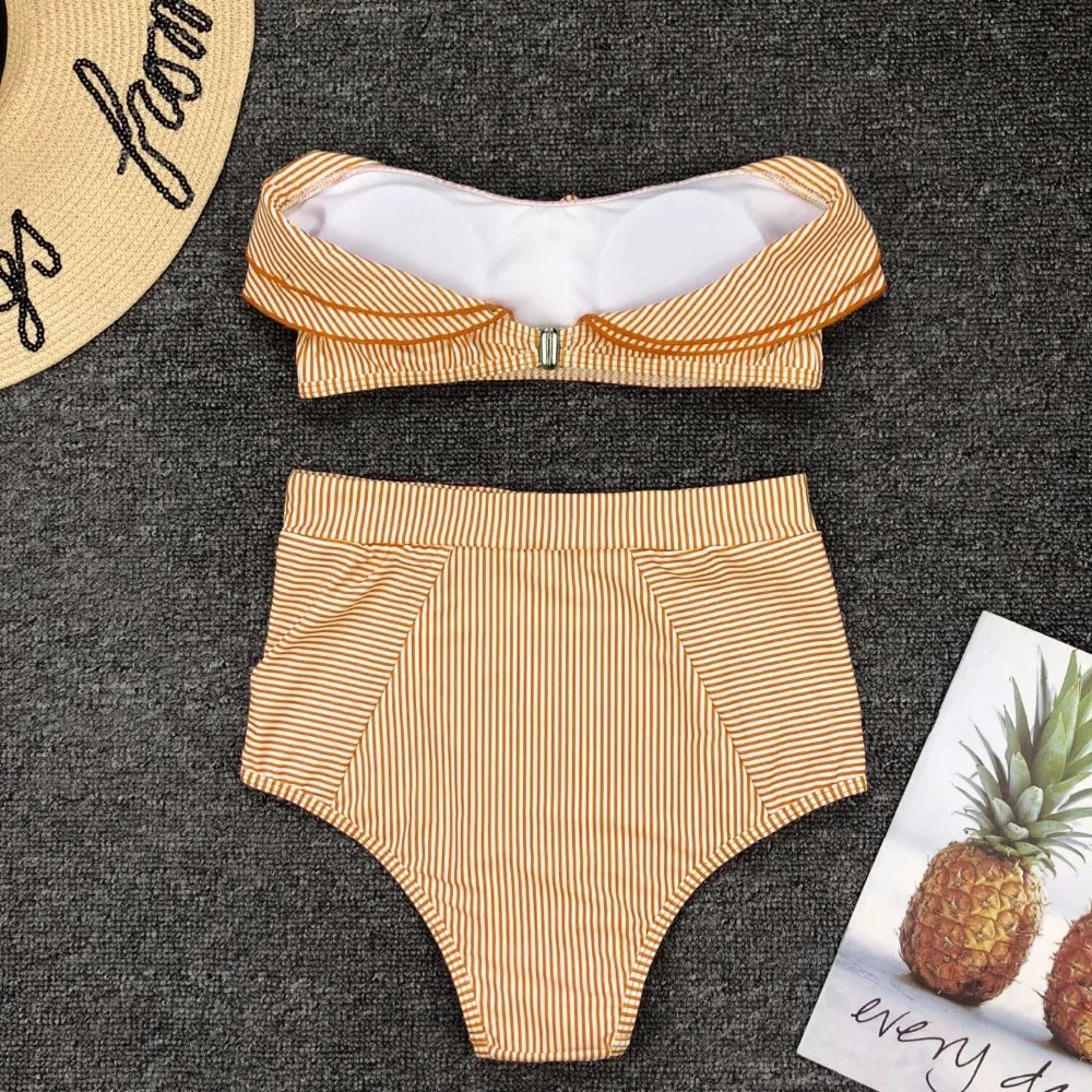 Bikini De Cintura Alta Rayas Irregulares Playa Mujer Dos Piezas