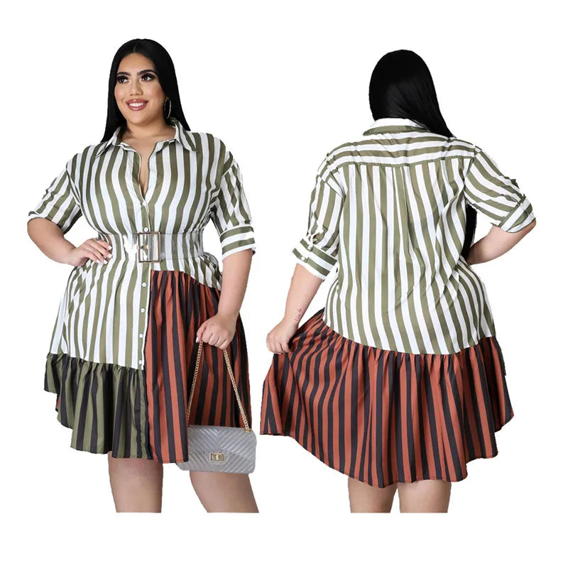 Vestido de talla grande para mujer, ropa de calle a rayas de retazos, camisas de oficina para mujer, vestidos Midi, venta al por mayor, envío directo