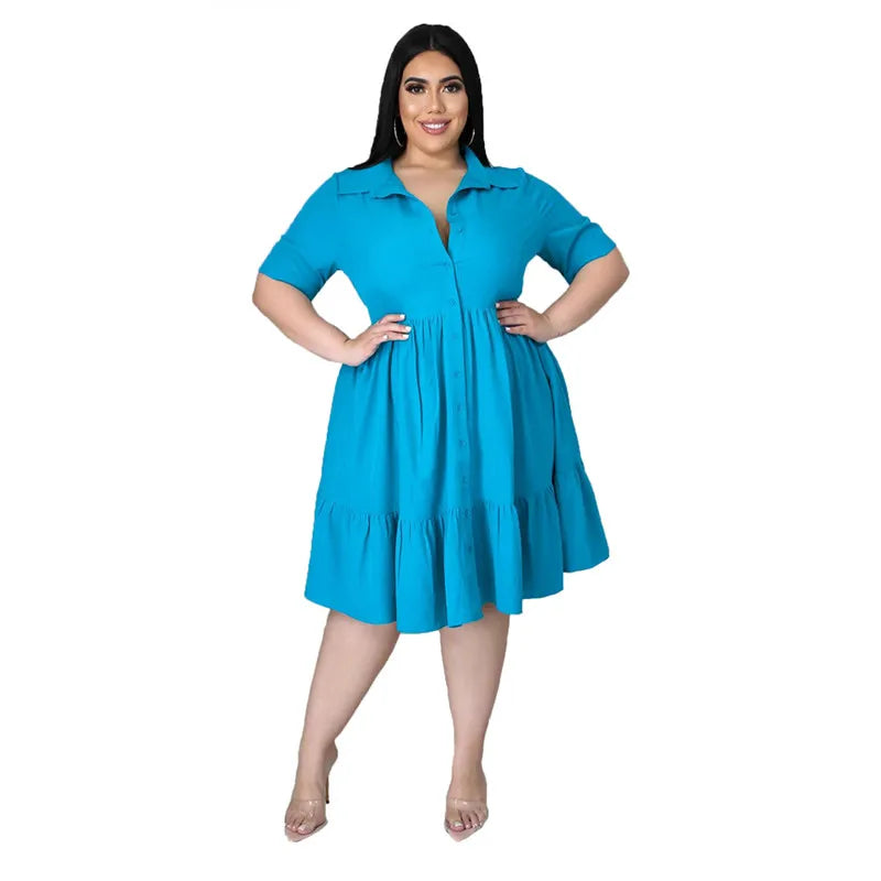 Vestido de Talla Grande para Mujer | Botones Sólidos y Cuello Vuelto | Camisa con Volantes Verano | Tico Trendy