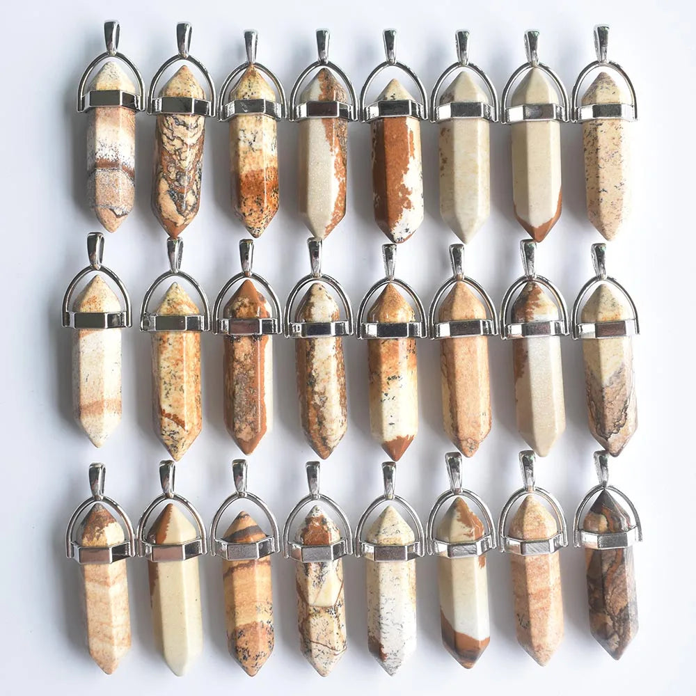 Venta al por mayor, 24 unids/lote, calidad de moda, surtido de piedra natural, dijes de pilar mezclados, colgantes y collares de chakra para hacer gratis
