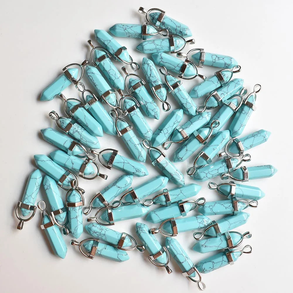 Venta al por mayor, 24 unids/lote, calidad de moda, surtido de piedra natural, dijes de pilar mezclados, colgantes y collares de chakra para hacer gratis