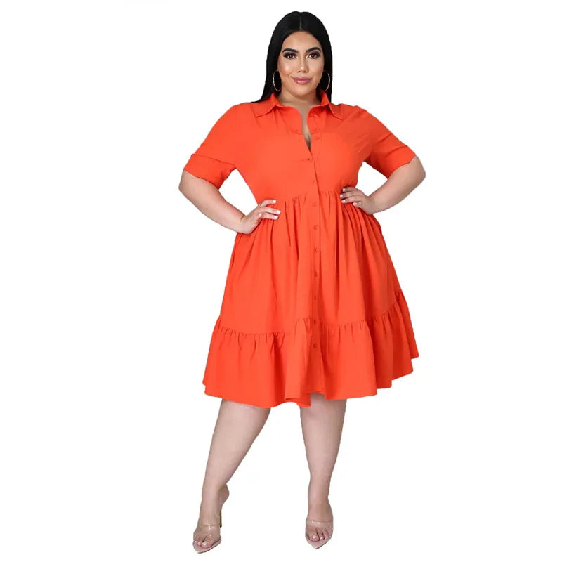Vestidos de talla grande para mujer, ropa informal con botones sólidos, cuello vuelto, hasta la rodilla, camisa con volantes, novedad de verano, venta al por mayor, envío directo