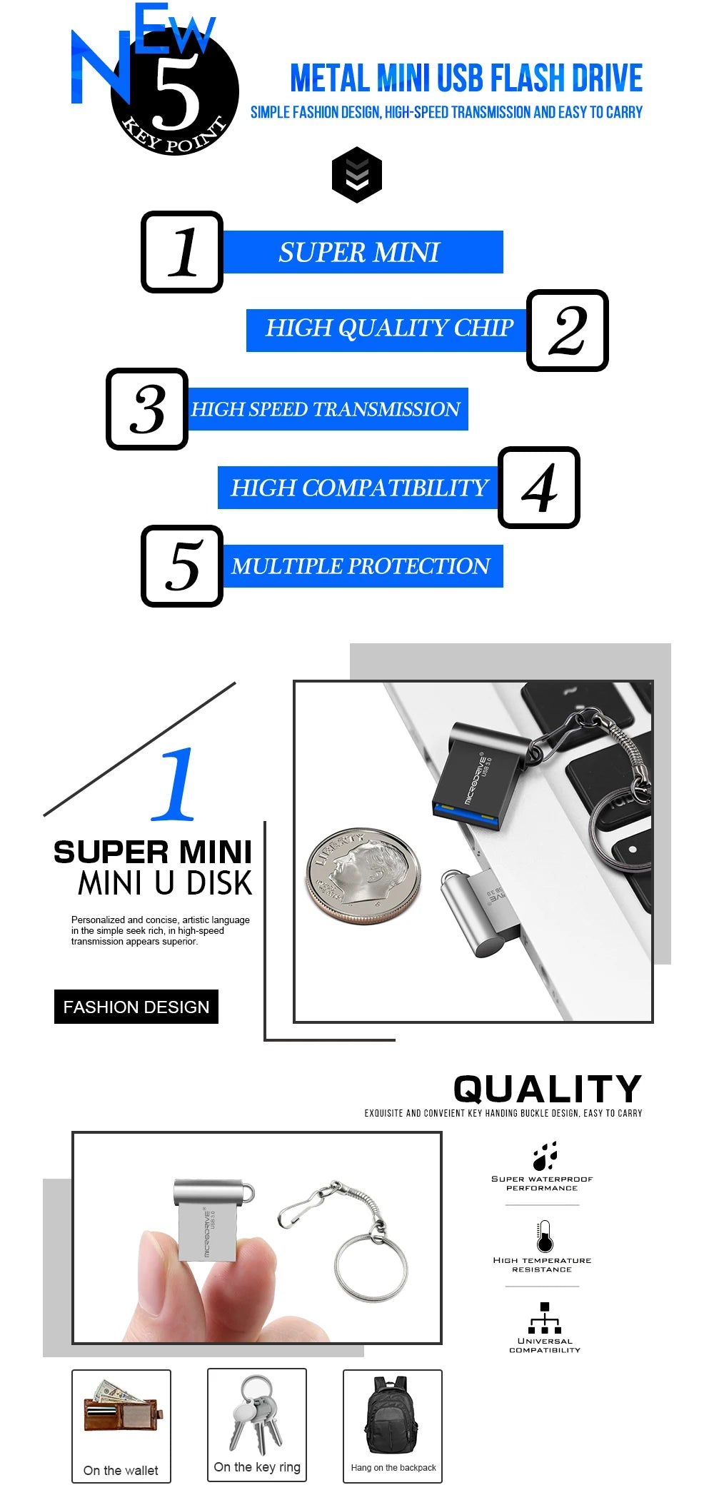 Unidad flash USB 3,0 de metal, 64GB, 128GB, USB Sticks, 32GB, 16GB, memoria mini USB 3,0 de alta velocidad, unidad Flash USB con llavero