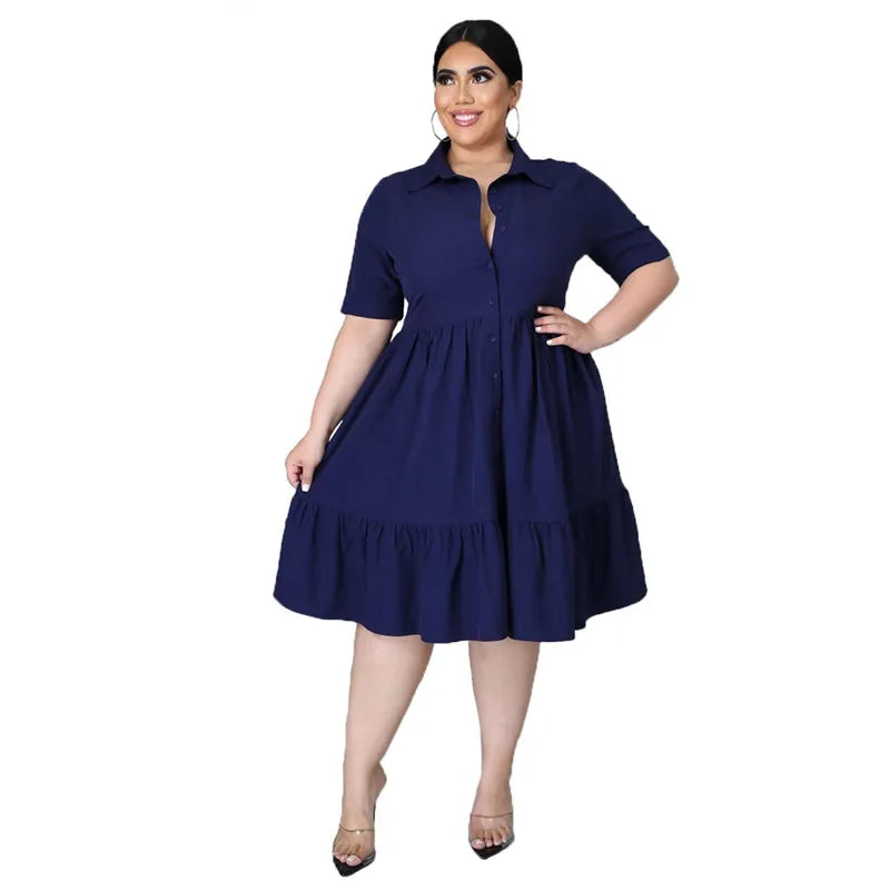 Vestido de Talla Grande para Mujer | Botones Sólidos y Cuello Vuelto | Camisa con Volantes Verano | Tico Trendy