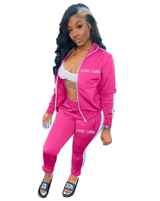 Lucky Label-Conjunto de chándal a rayas para mujer, Top con cremallera, Leggings, pantalones de chándal, ropa de otoño, venta al por mayor, Dropshipping, 2 piezas
