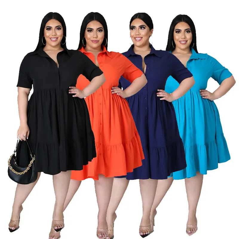 Vestidos de talla grande para mujer, ropa informal con botones sólidos, cuello vuelto, hasta la rodilla, camisa con volantes, novedad de verano, venta al por mayor, envío directo