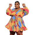 Vestido S-5XL de talla grande para mujer, ropa informal con estampado de cuello de pico, manga larga, minivestido con fajas para playa, venta al por mayor