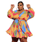 Vestido S-5XL de talla grande para mujer, ropa informal con estampado de cuello de pico, manga larga, minivestido con fajas para playa, venta al por mayor