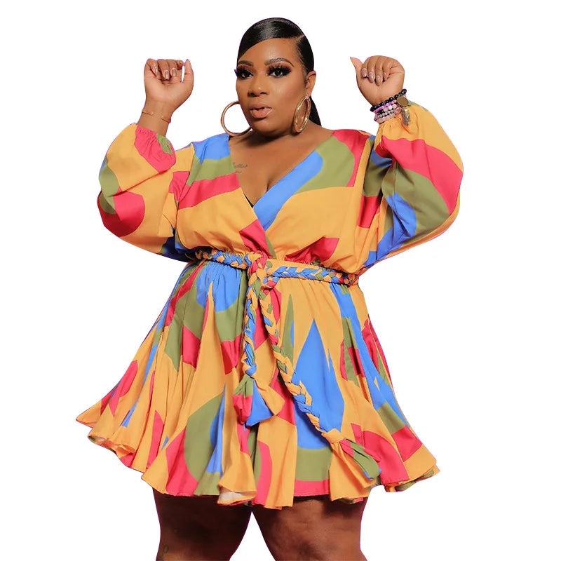 Vestido S-5XL de talla grande para mujer, ropa informal con estampado de cuello de pico, manga larga, minivestido con fajas para playa, venta al por mayor
