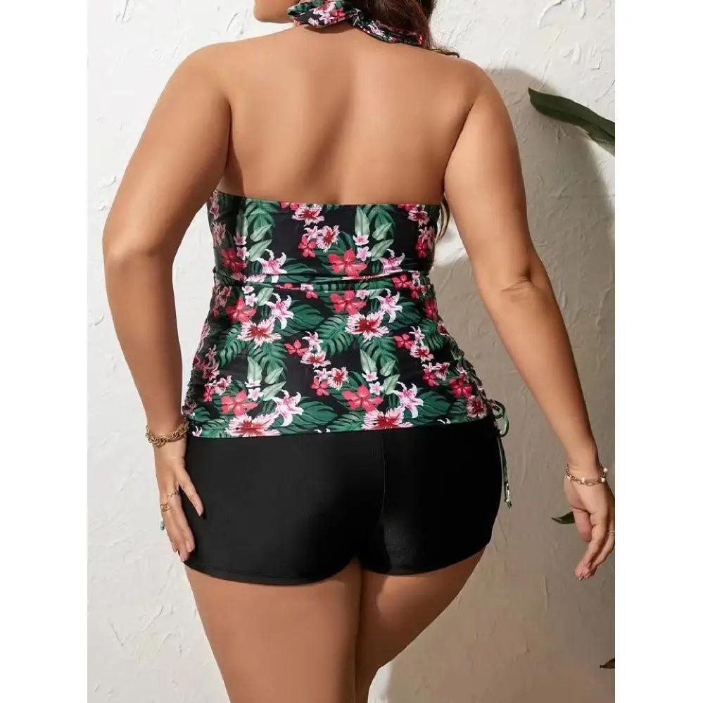 Bikini de Talla Grande Estampado | Cordón Lateral, Cuello Colgante y Encaje | Espalda Descubierta