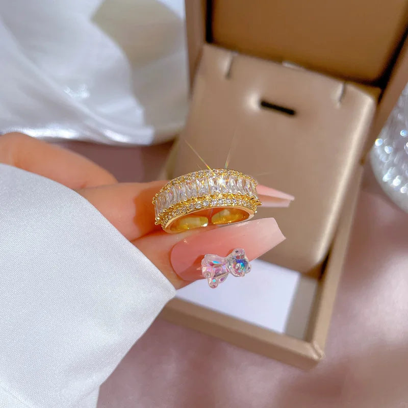 Anillos de circón gruesos brillantes de lujo chapados en oro de 18k para mujer, anillo de cobre abierto ajustable a la moda, joyería, regalos de boda