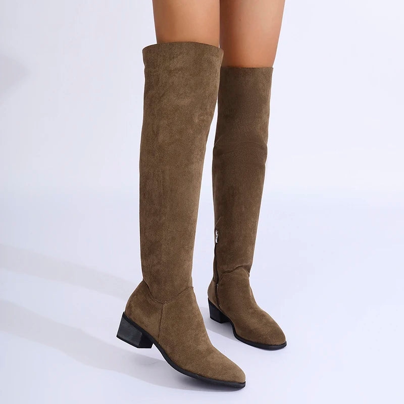 Botas Altas Sobre La Rodilla Tacón Grueso Moda Elegancia Tica