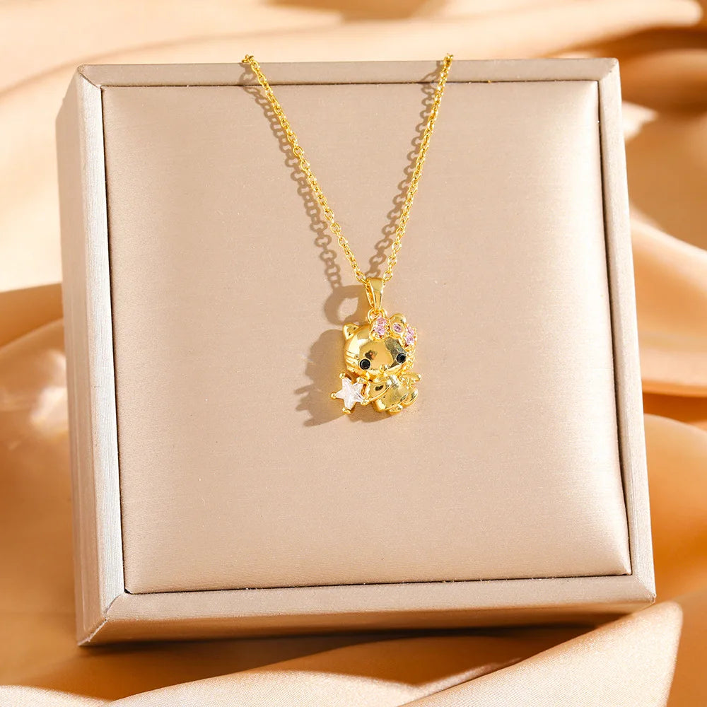 Sanrio lindo ángulo de Hello Kitty con collares con colgante de estrella de circón para mujeres niñas Color oro plata joyería de cadena de acero inoxidable