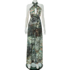 Vestido largo elegante con estampado abstracto para mujer, falda larga dividida con escote en V profundo y espalda descubierta, vestido informal de estilo francés a la moda de verano