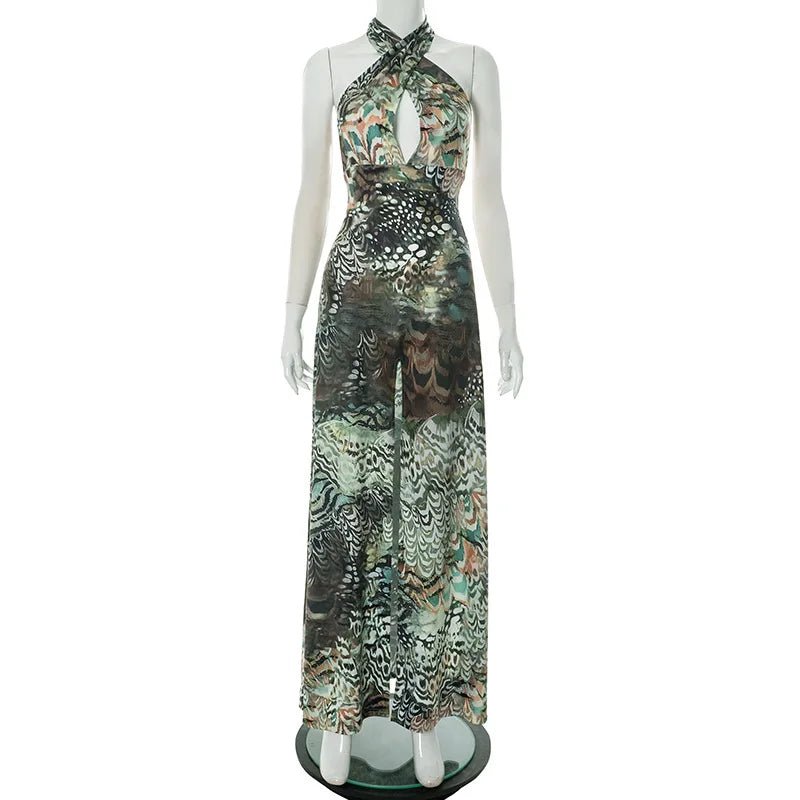 Vestido largo elegante con estampado abstracto para mujer, falda larga dividida con escote en V profundo y espalda descubierta, vestido informal de estilo francés a la moda de verano