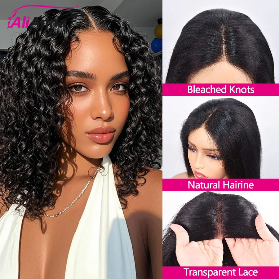 Pelucas sin pegamento con ondas de agua, pelucas de cabello humano Bob corto, pelucas de cabello humano rizado HD transparente, peluca con cierre de encaje 4x4 precortado