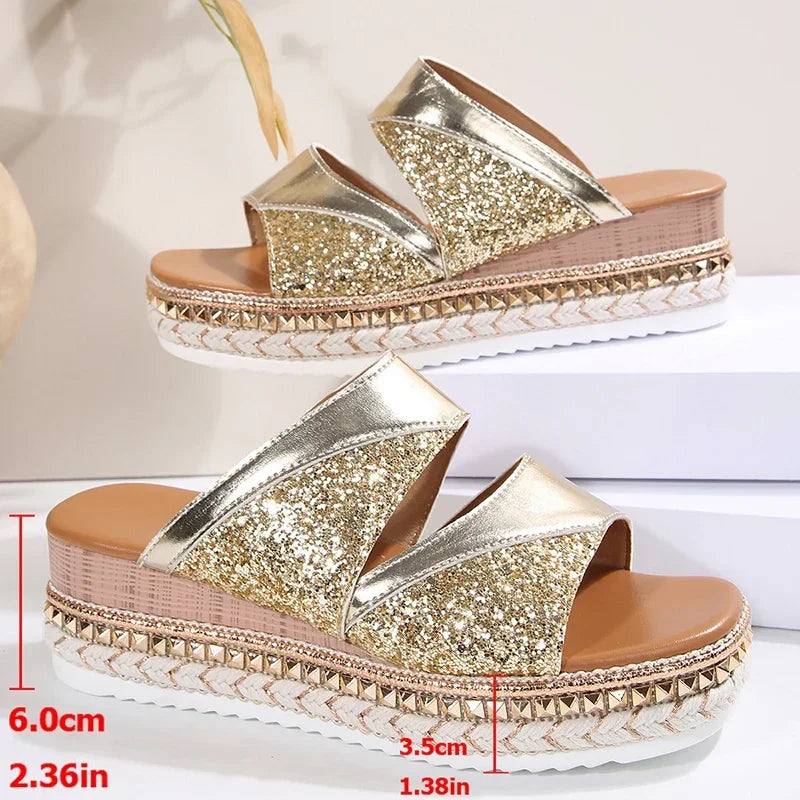 Sandalias de Cuña Doradas con Lentejuelas | Mujer