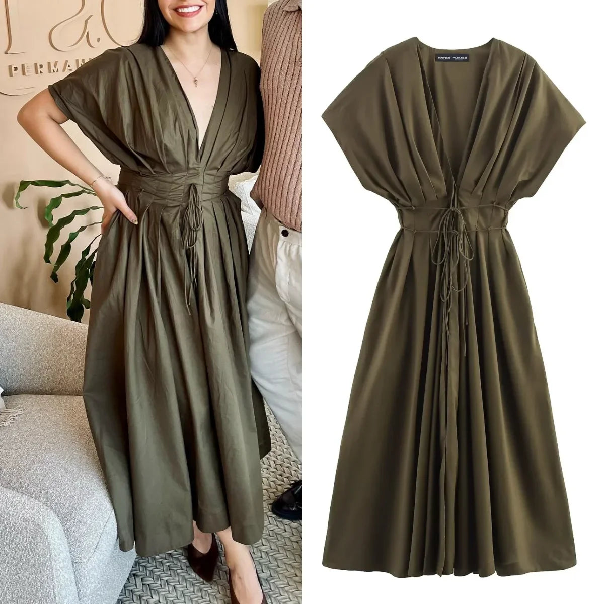 Vestido largo francés vintage | Con cuello en V y cordones