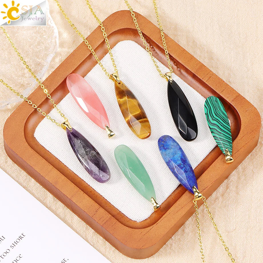 Colgante Gota Agua Piedra Natural Cristal Cadena Acero | Joyería Sanación