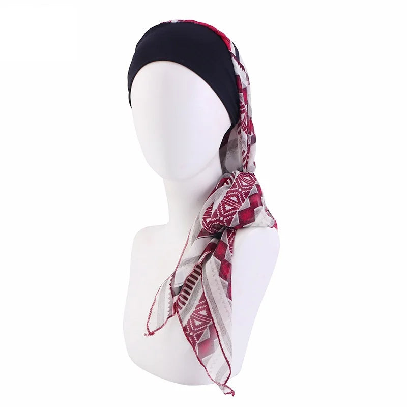 Turbante elástico con estampado de flores para mujer musulmana, para la cabeza preatado Hijab, Bandana para la pérdida de cabello, bufanda para la cabeza, novedad