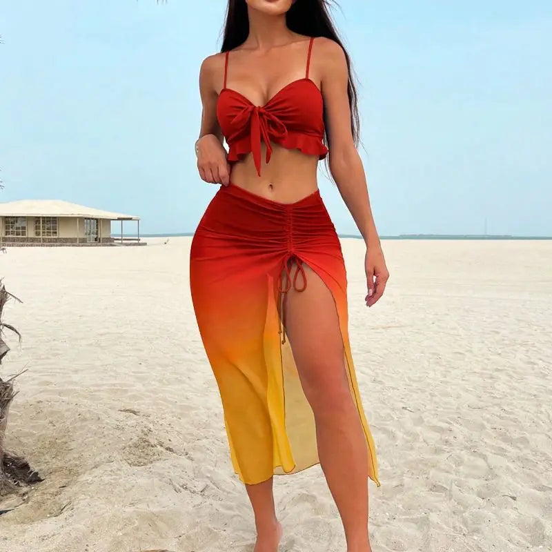 Bikini de Malla con Degradé - Conjunto de Tres Piezas con Estilo