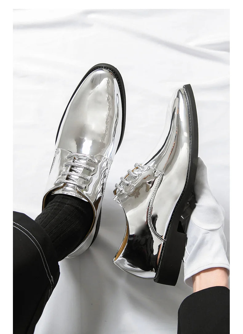 Zapatos Hombre Charol Plateados Lujo Boda Fiesta Punta Puntiaguda | Talla Grande