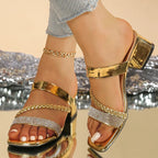 Sandalias de Tacón Grueso | Doradas | Detalles de Cristal | Punta Cuadrada