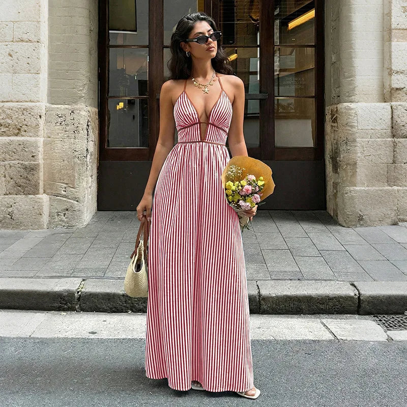 Vestido Halter Rayado Espalda Descubierta