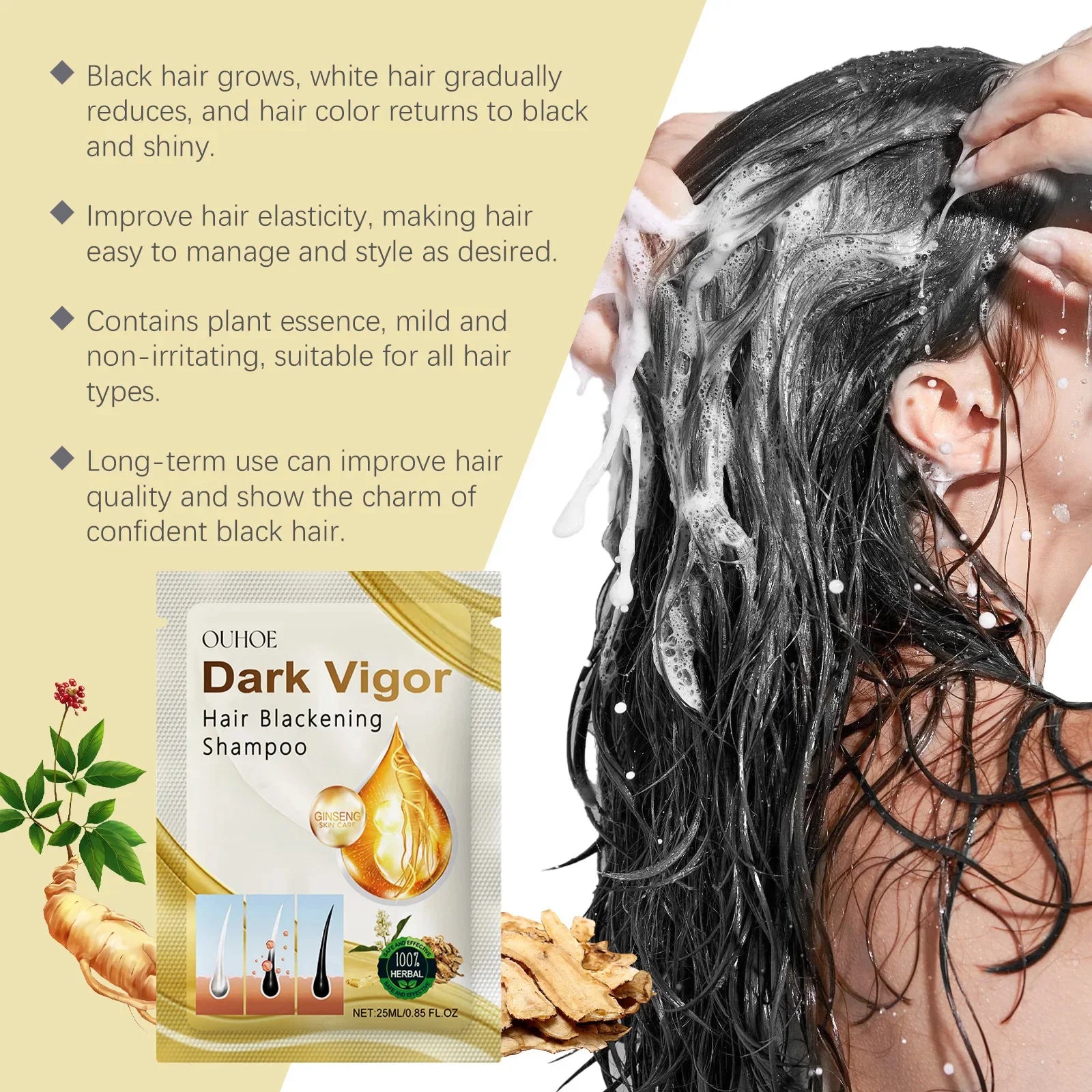 Champú para teñir el cabello con burbujas de plantas, tinte Natural para el cabello sin irritación, color gris, blanco a negro, coloración duradera, cuidado del cabello de estilo moderno