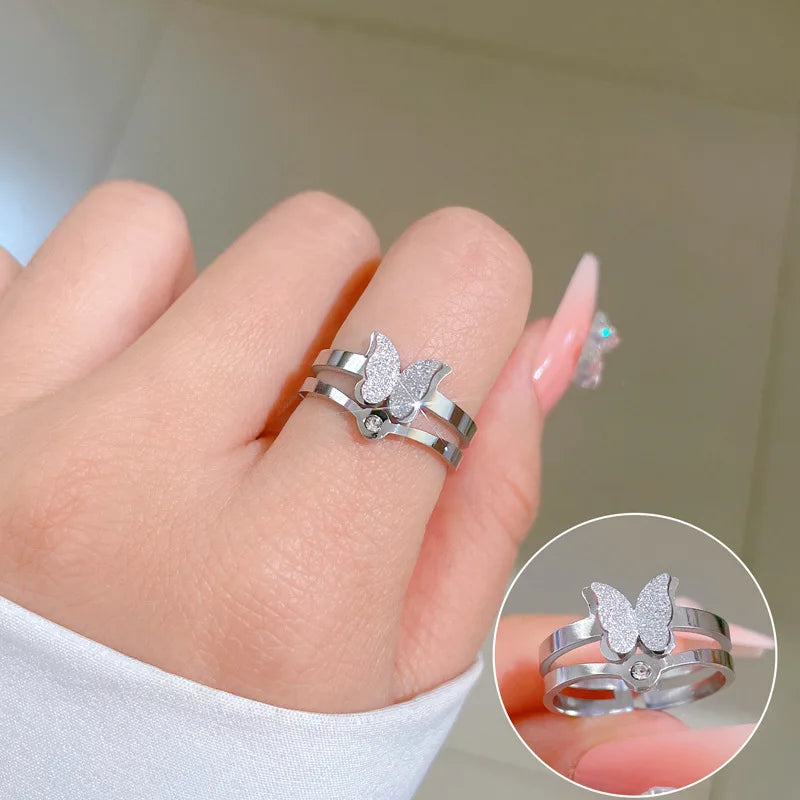 Anillos de mariposa esmerilados ajustables para mujeres y niñas, anillos de acero inoxidable de Color plateado, accesorios para dedos, regalos