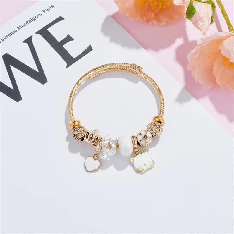 Pulsera Dijes Gato Flor Corona | Brazalete Acero Inox. Color Dorado | Regalo Navidad | Ticotrendy