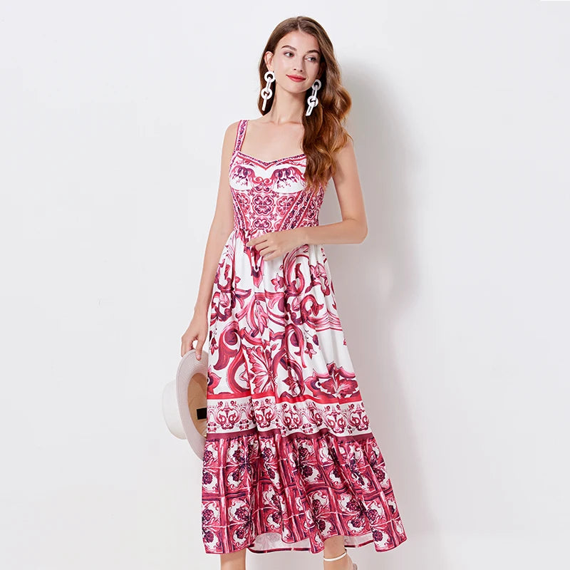 Vestido Vintage Estampado A-Line | Tiras de Espagueti Espalda al Aire Primavera Verano