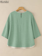 Elegante Blusa de Verano Manga Tres Cuartos con Retazos y Cuello Redondo