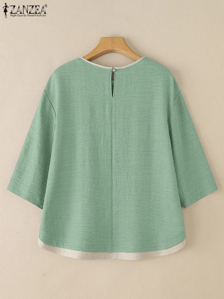 Elegante Blusa de Verano Manga Tres Cuartos con Retazos y Cuello Redondo