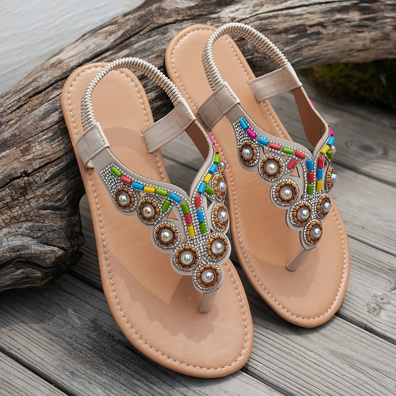 Sandalias Planas Bohemias Cuentas Cristal Antideslizantes | Calzado Playa Moda Casual