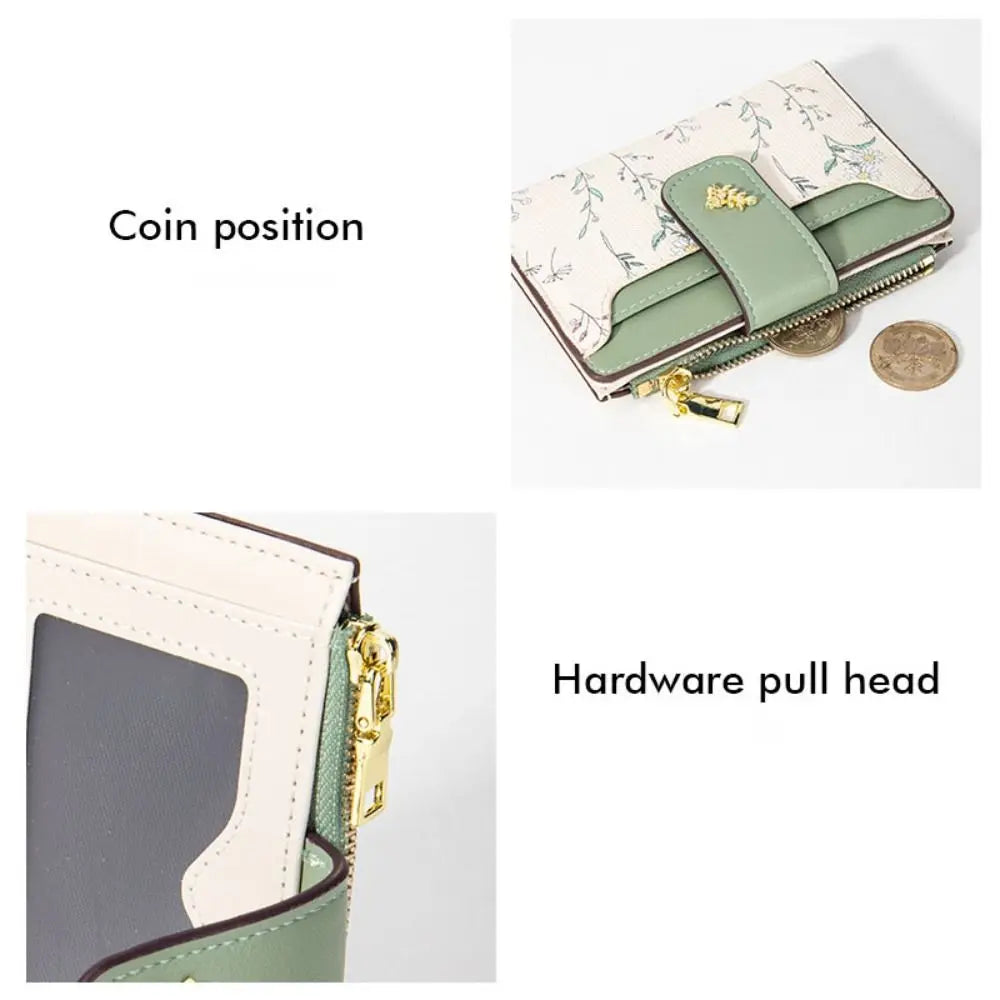 Cartera corta delgada de cuero PU INS, monedero con cremallera para múltiples tarjetas, monedero con flores pequeñas, cartera con cremallera para mujer y niña