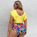 Bikini de Talla Grande con Volantes - Estampado y Tiro Alto para Playa