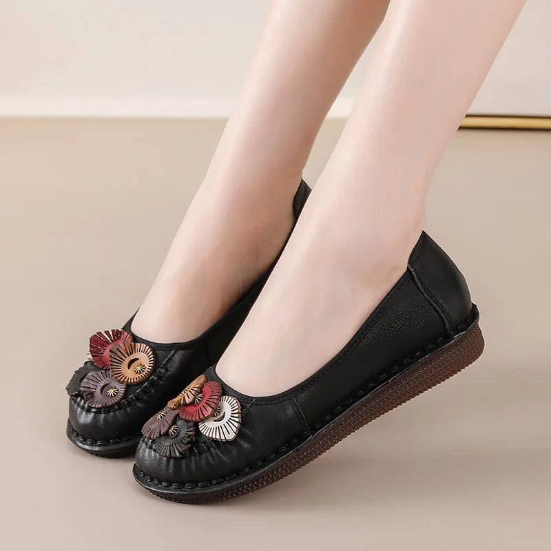 Mocasines Étnicos de Cuero Genuino para Mamá | Punta Redonda | Antideslizantes | Verano 2025