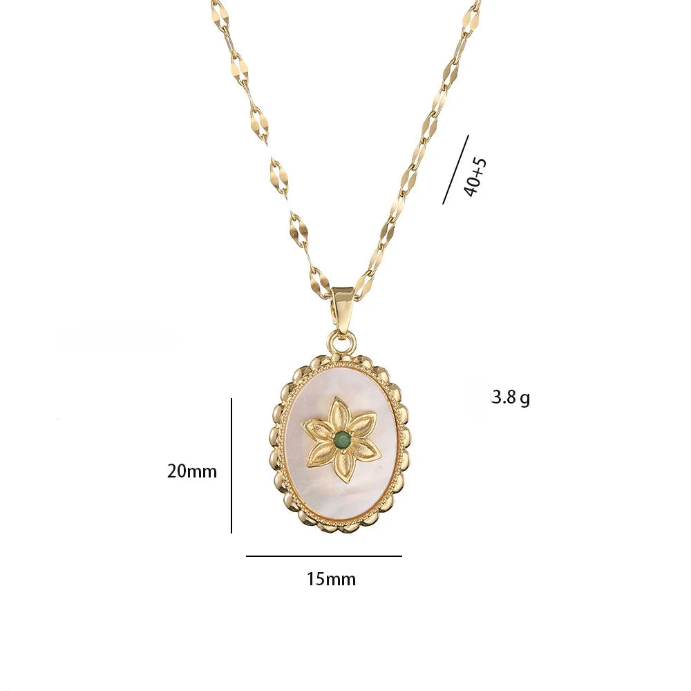 Collar Dorado | Colgante De Flor De Circón Concha Acero Inoxidable Mujeres Niñas