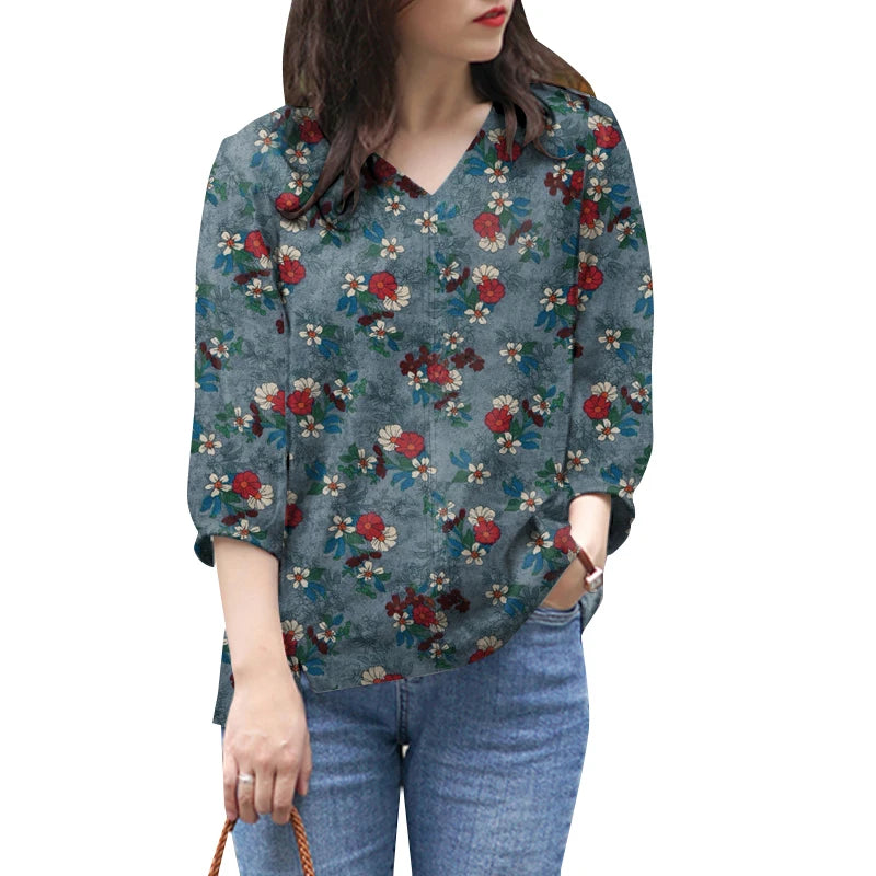 ZANZEA Blusas de algodón con estampado Floral de talla grande para mujer, blusas de manga 3/4 con cuello en V, Top de corte alto-bajo, Blusas informales para primavera y verano, 5XL