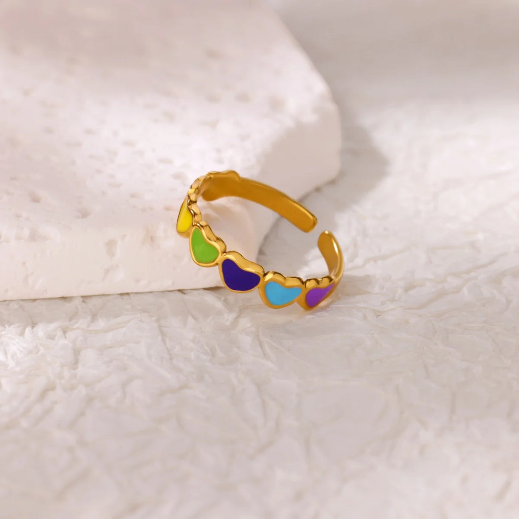 Anillo  Corazón Punk | Arcoíris Goteo Aceite | Abierto Acero Oro | Ticotrendy