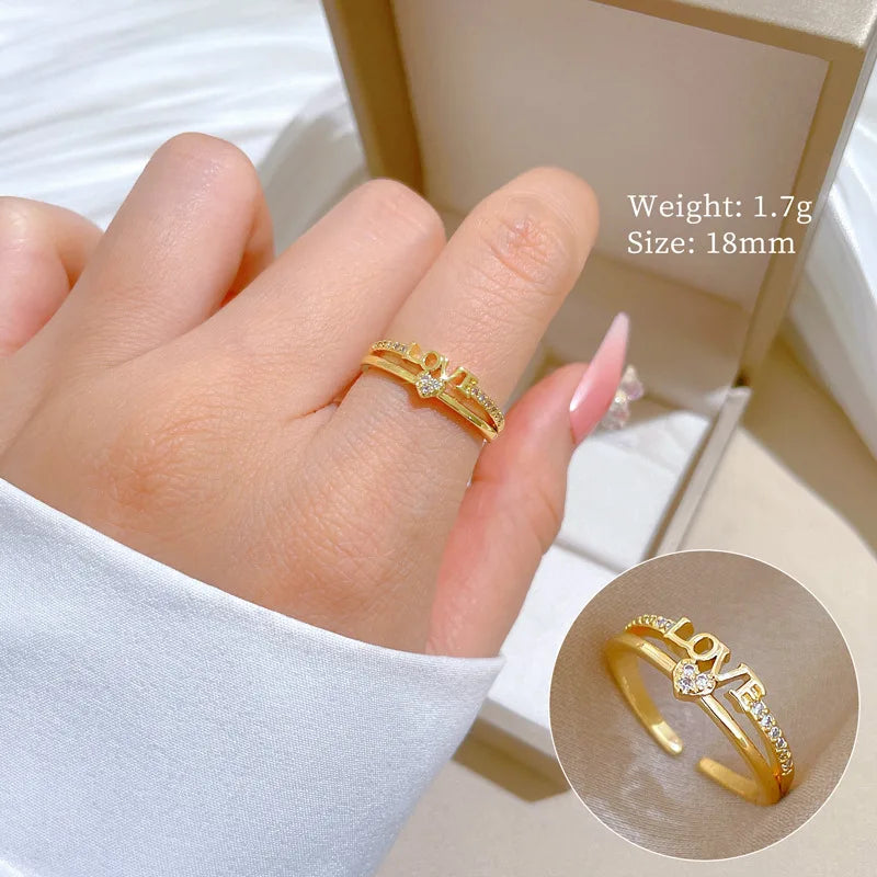 Anillos con letras de amor de circón chapado en oro de 18 quilates para mujeres y niñas, anillo de cobre abierto ajustable dulce, accesorios de joyería, regalos