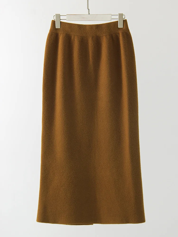 Falda Maxi Recta de Punto con Abertura Estilo Coreano Casual