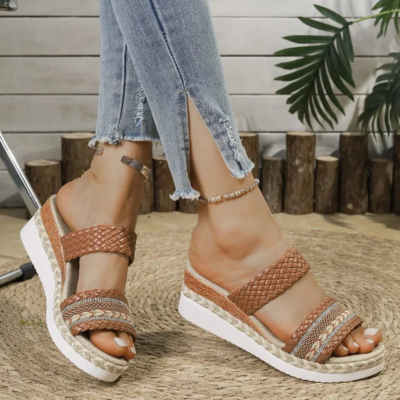 Sandalias de Cuña Bohemias | Plataforma Tejida | Suela Gruesa