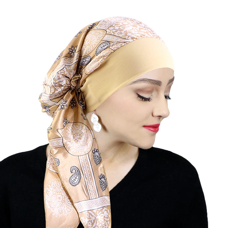 Turbante de satén preatado para mujer, hiyab interior musulmán, gorros para quimio contra el cáncer, pañuelo para la cabeza para la pérdida de cabello, Bandana, accesorios elásticos para el cabello