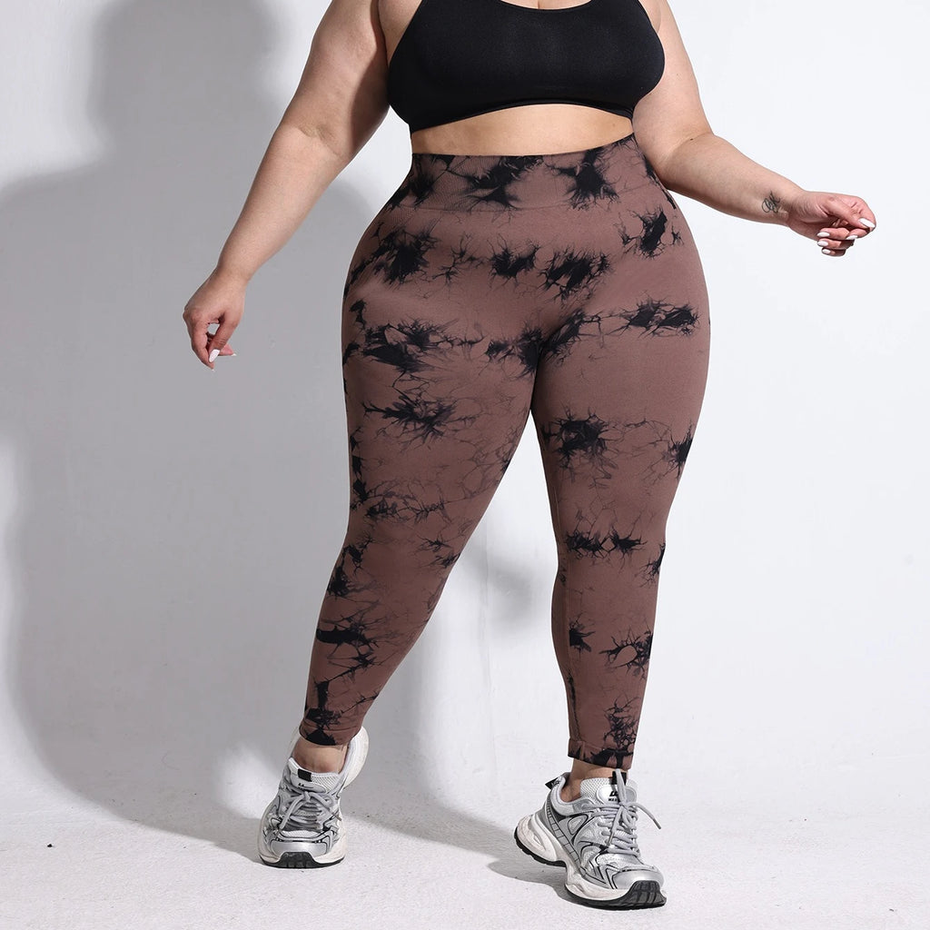 VEQKING-pantalones de Yoga de talla grande para mujer, mallas deportivas 4XL, cintura alta elástica, mallas a tope, pantalones de entrenamiento teñidos anudados de secado rápido
