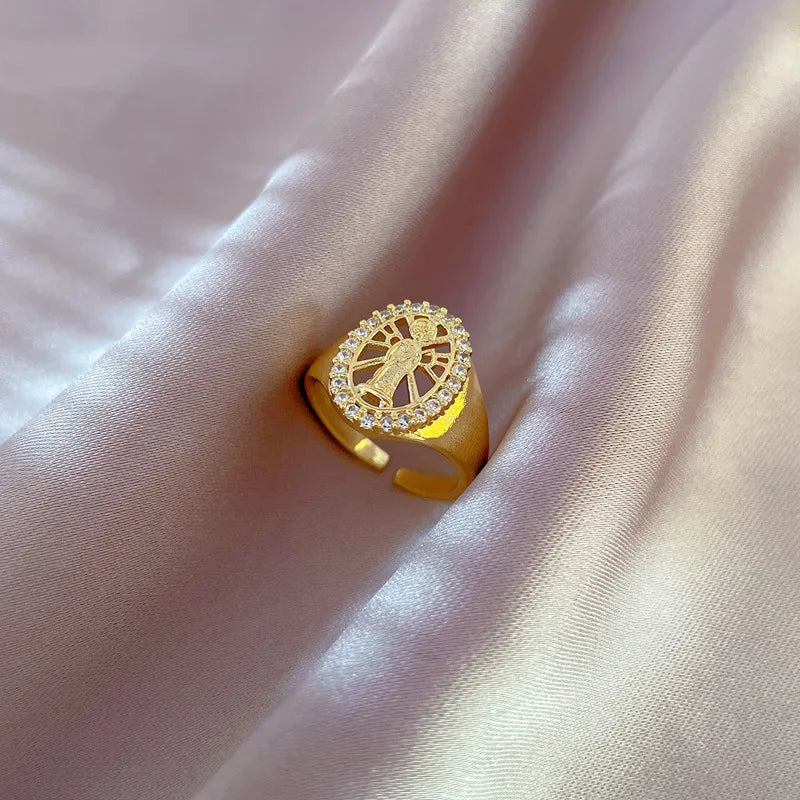 Anillo de Jesús de circón chapado en oro de 18 quilates para mujeres y hombres, anillo de cobre ajustable Vintage que se puede abrir, accesorios de joyería, regalos para amigos