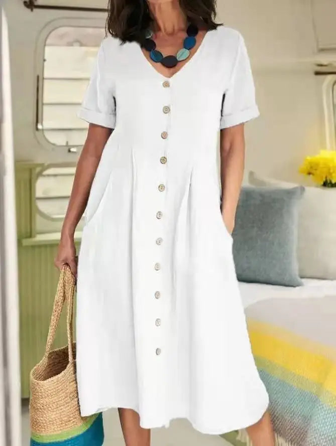 Vestido Camisero de Algodón y Lino Cintura Alta