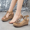 Sandalias de cuña de mariposa con cristales a la moda, Sandalias de verano con plataforma gruesa y banda elástica para mujer, Sandalias de tacón alto con perlas 43